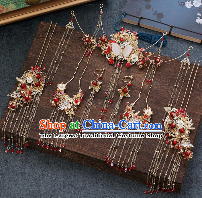 Traditional Chinese Wedding Handmade Tassel Hair Crown Ancient Bride Hairpins Hair Accessories Complete Set