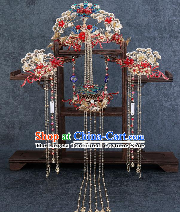 Traditional Chinese Wedding Handmade Phoenix Pine Hair Comb Ancient Bride Hairpins Hair Accessories Complete Set