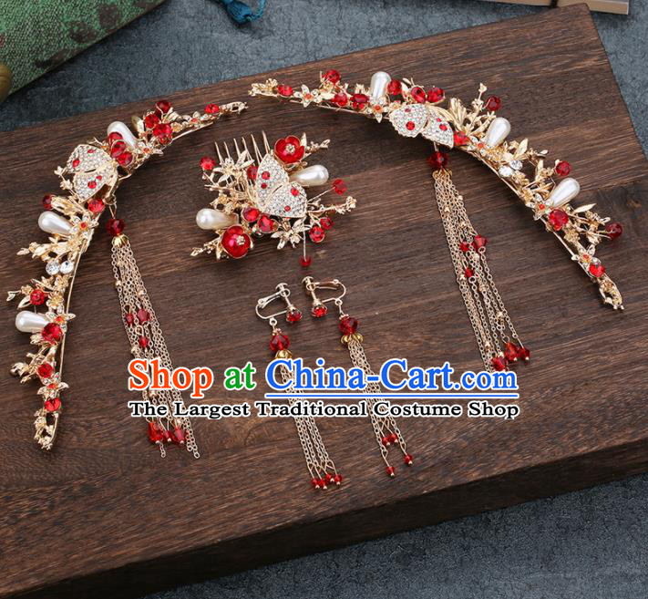 Traditional Chinese Wedding Handmade Crystal Hair Comb Ancient Bride Hairpins Hair Accessories Complete Set