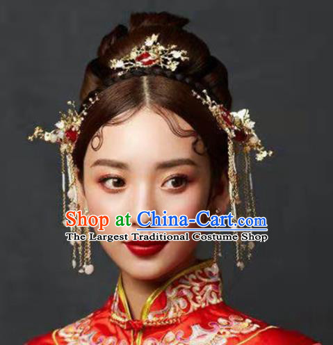 Traditional Chinese Wedding Handmade Red Crystal Hair Comb Ancient Bride Hairpins Hair Accessories Complete Set