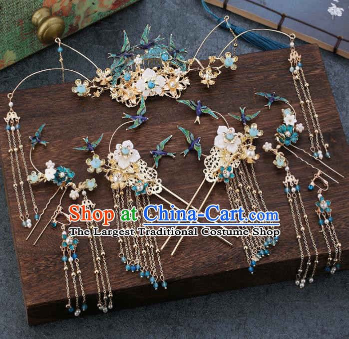 Traditional Chinese Wedding Handmade Blue Birds Hair Comb Ancient Bride Hairpins Hair Accessories Complete Set