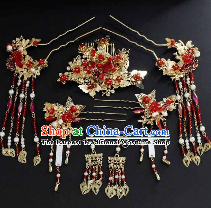 Traditional Chinese Wedding Handmade Red Crystal Hair Comb Ancient Bride Hairpins Hair Accessories Complete Set