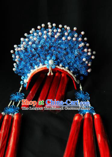 Traditional Chinese Handmade Beijing Opera Blue Phoenix Coronet Ancient Princess Hairpins Hair Accessories for Women