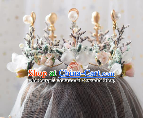 Handmade Baroque Princess Silk Flowers Round Royal Crown Bride Wedding Hair Accessories for Women