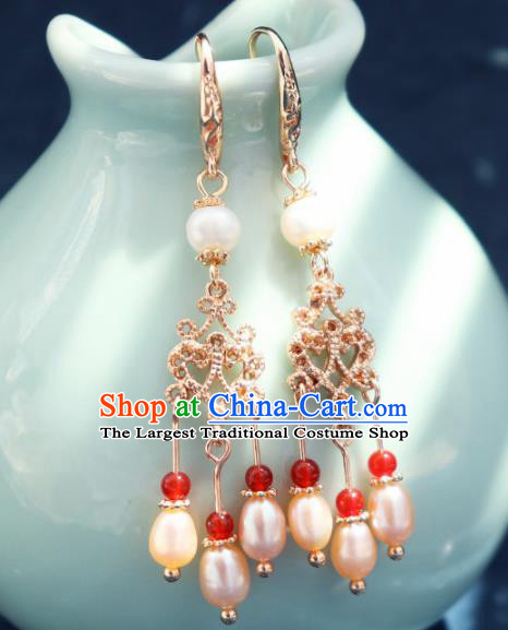 Traditional Chinese Handmade Pearls Tassel Earrings Ancient Hanfu Ear Accessories for Women