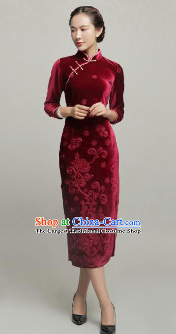 Chinese Traditional Classical Purplish Red Velvet Cheongsam National Tang Suit Qipao Dress for Women