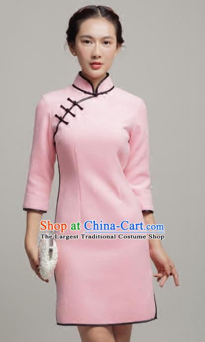 Chinese Traditional Classical Pink Short Cheongsam National Tang Suit Qipao Dress for Women