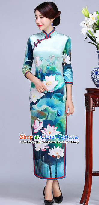 Chinese Traditional Classical Printing Lotus Green Cheongsam National Tang Suit Qipao Dress for Women