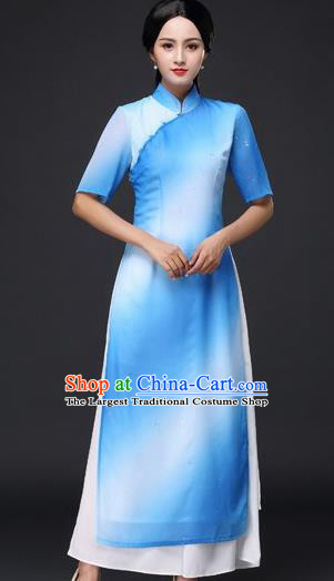 Chinese Traditional Classical Dance Blue Cheongsam National Costume Tang Suit Qipao Dress for Women