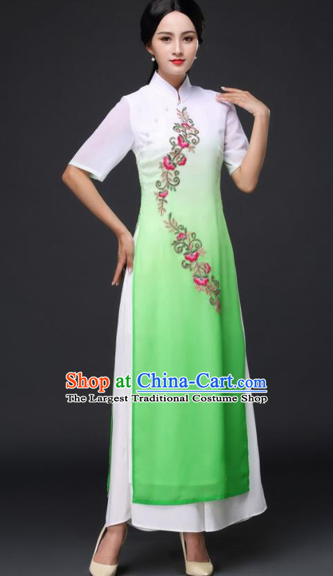 Traditional Chinese Classical Dance Green Cheongsam National Costume Tang Suit Qipao Dress for Women