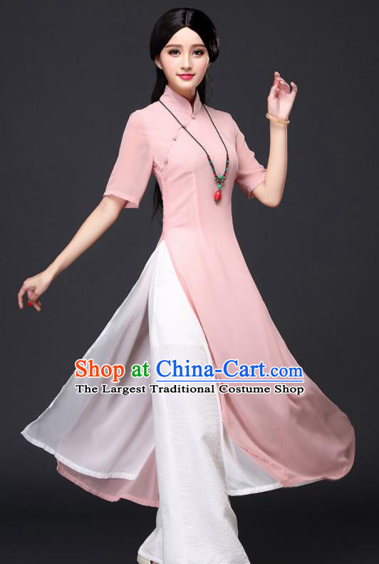 Traditional Chinese Classical Pink Veil Cheongsam National Costume Tang Suit Qipao Dress for Women