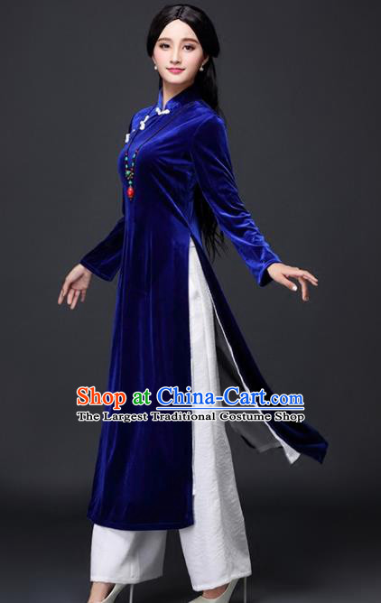 Traditional Chinese Classical Royalblue Velvet Cheongsam National Costume Tang Suit Qipao Dress for Women