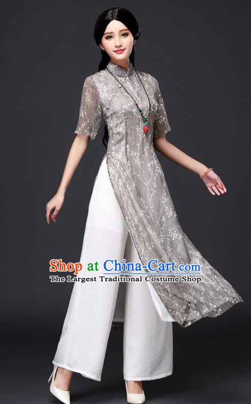 Traditional Chinese Classical Grey Organza Cheongsam National Costume Tang Suit Qipao Dress for Women