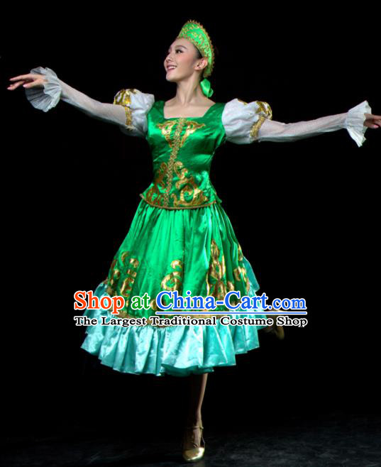 Professional Russia Dance Costume Russian Dance Stage Show Green Dress for Women