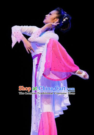 Traditional Chinese Classical Dance White Costumes Umbrella Dance Stage Show Dress for Women