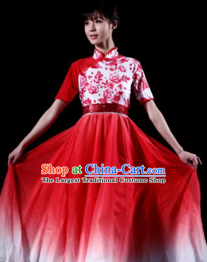 Chinese Classical Dance Chorus Costume Traditional Stage Show Fan Dance Red Dress for Women