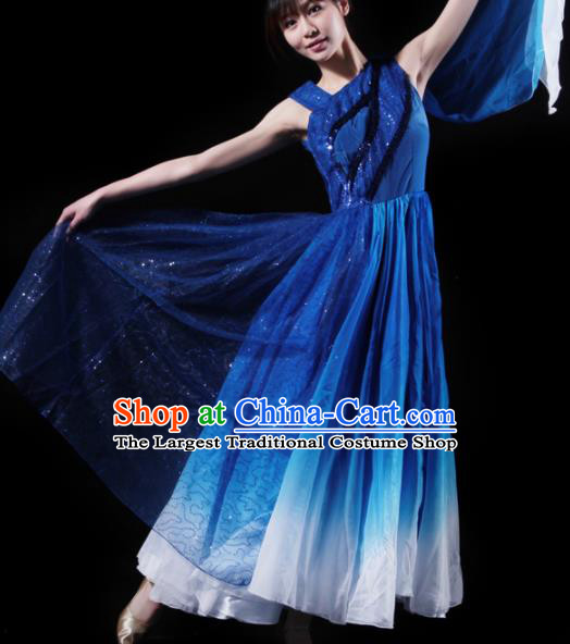 Chinese Chorus Competition Costume Traditional Stage Show Dance Deep Blue Dress for Women