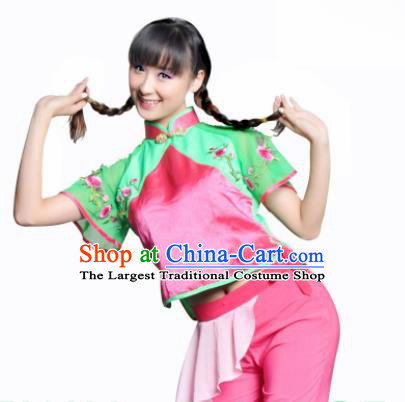 Traditional Chinese Yanko Dance Pink Costume Folk Dance Fan Dance Stage Show Dress for Women