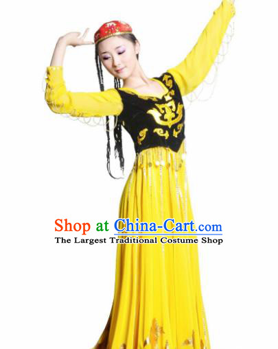 Traditional Chinese Uyghur Nationality Yellow Costume Uyghurian Ethnic Dance Stage Show Dress for Women