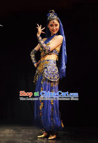 Traditional Chinese Uigurian Nationality Royalblue Costume Uyghur Ethnic Dance Stage Show Dress for Women