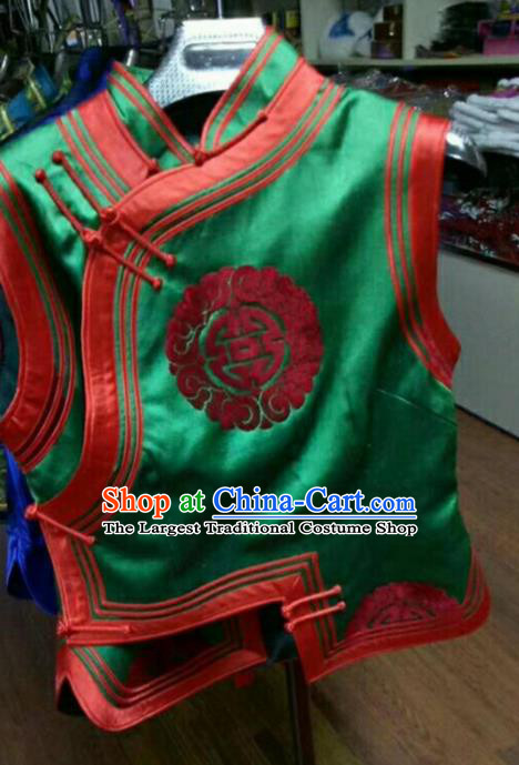 Traditional Chinese Mongol Nationality Green Brocade Vest Mongolian Ethnic Stage Show Costume for Women