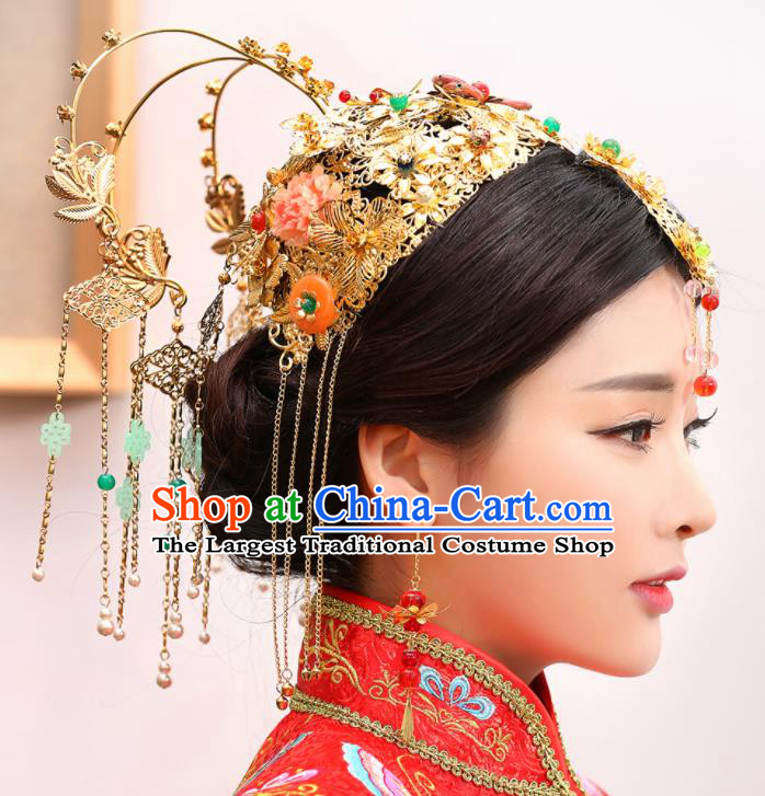 Chinese Traditional Wedding Golden Phoenix Coronet Tassel Hairpins Ancient Bride Hair Accessories for Women