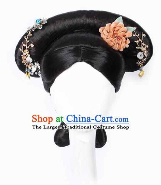 Chinese Traditional Qing Dynasty Manchu Princess Wigs and Hairpins Ancient Imperial Concubine Hair Accessories for Women