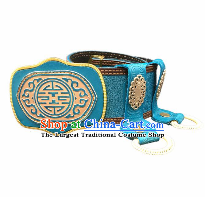 Traditional Chinese Mongol Nationality Blue Leather Belt Mongolian Ethnic Waistband for Men