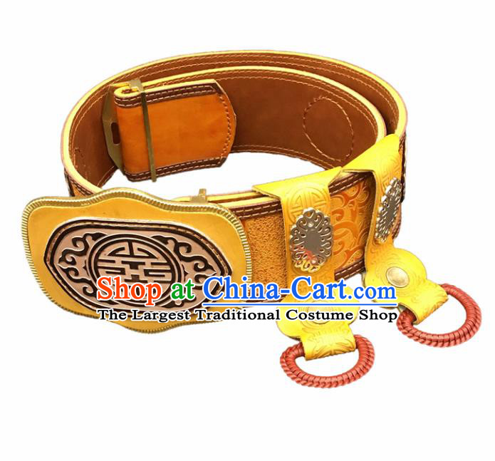 Traditional Chinese Mongol Nationality Yellow Leather Belt Mongolian Ethnic Waistband for Men