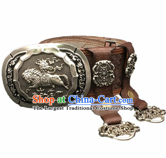 Traditional Chinese Mongol Nationality Coffee Leather Belt Mongolian Ethnic Waistband for Men