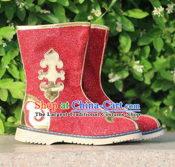 Chinese Traditional Mongol Nationality Red Boots Mongolian Ethnic Leather Riding Boots for Kids