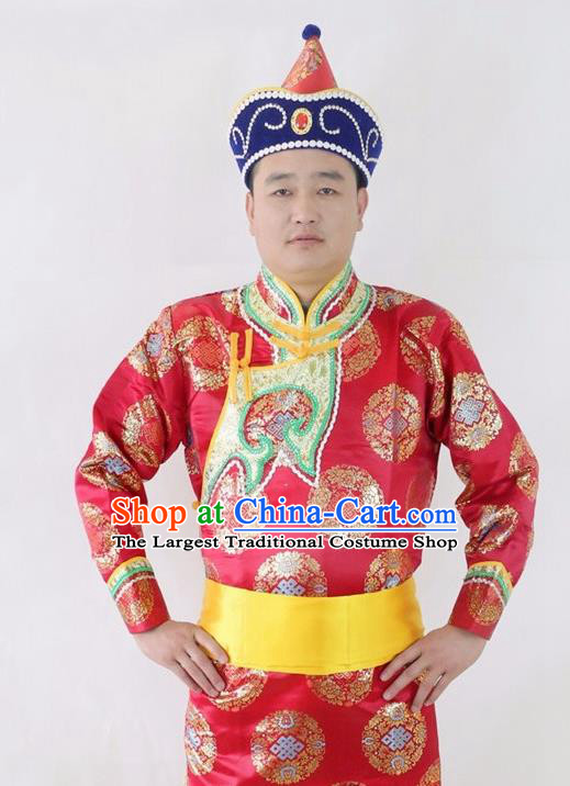 Chinese Traditional Mongol Nationality Red Costumes Mongolian Ethnic Dance Robe for Men