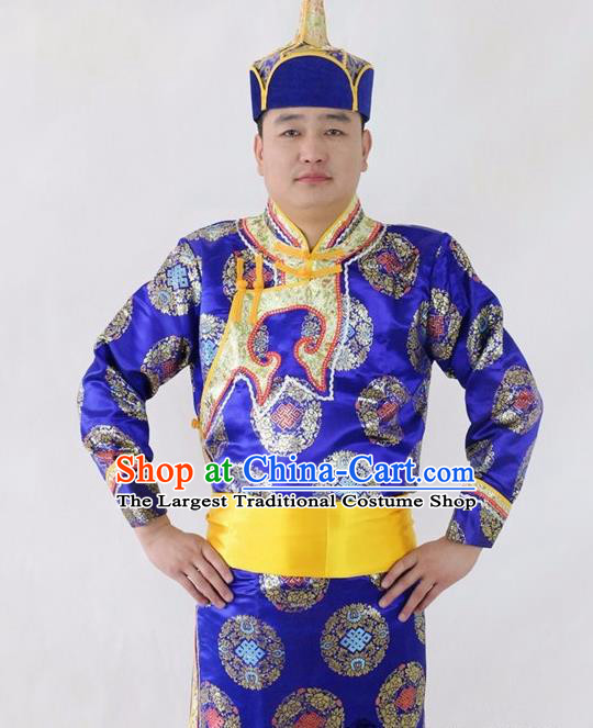 Chinese Traditional Mongol Nationality Royalblue Costumes Mongolian Ethnic Dance Robe for Men