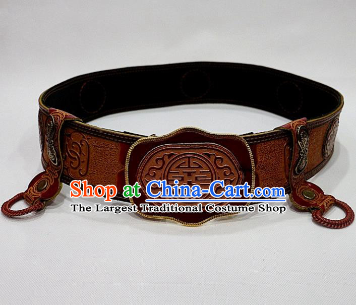 Traditional Chinese Mongol Nationality Male Yellow Leather Belts Mongolian Ethnic Waistband for Men