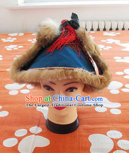 Traditional Chinese Mongol Nationality Winter Headwear Mongolian Ethnic Marten Blue Hat for Men