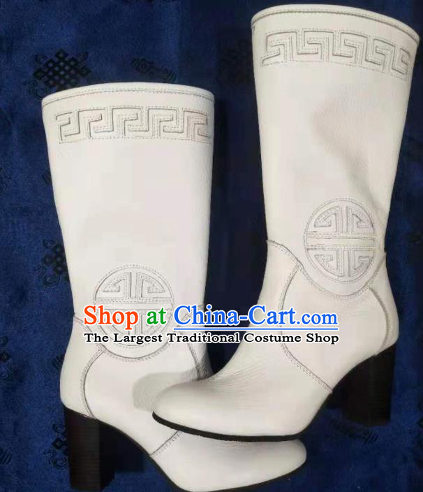 Chinese Traditional Mongol Nationality White Riding Boots Mongolian Ethnic Shoes High Heel Leather Boots for Women