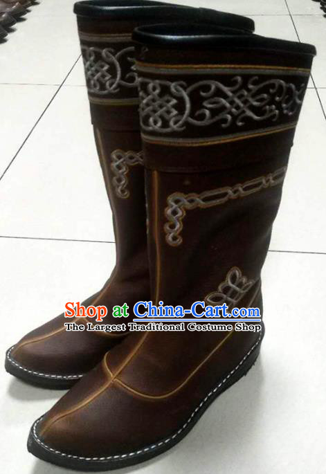 Chinese Traditional Mongol Nationality Brown Riding Boots Mongolian Ethnic Shoes Leather Boots for Women