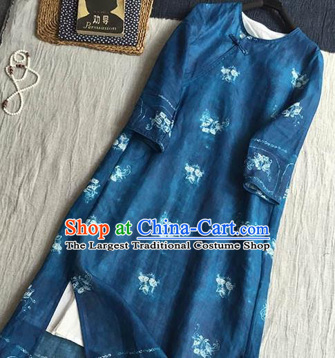 Chinese Traditional Tang Suit Printing Petunia Royalblue Ramie Cheongsam National Costume Qipao Dress for Women