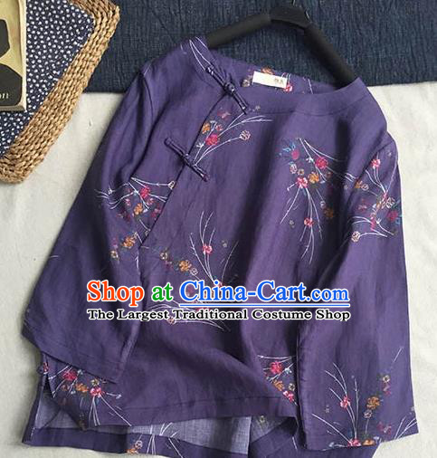 Chinese Traditional Tang Suit Printing Purple Ramie Blouse National Upper Outer Garment Costume for Women