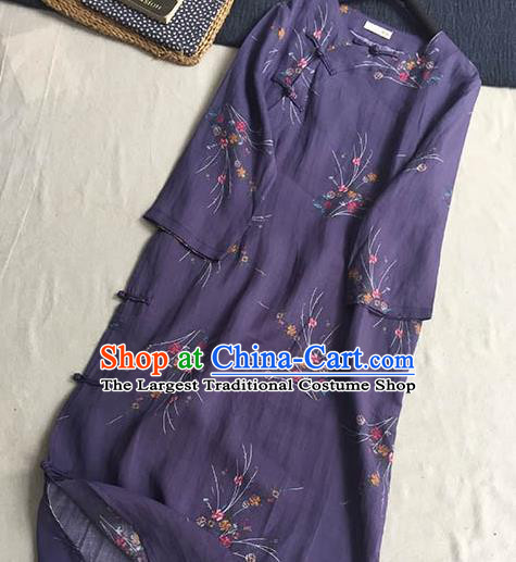 Chinese Traditional Tang Suit Printing Purple Ramie Cheongsam National Costume Qipao Dress for Women