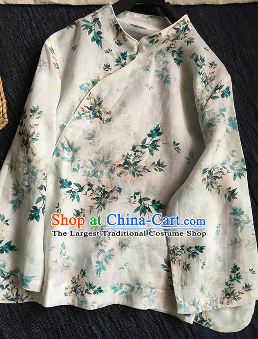 Chinese Traditional Tang Suit Printing Leaf White Ramie Blouse National Upper Outer Garment Costume for Women