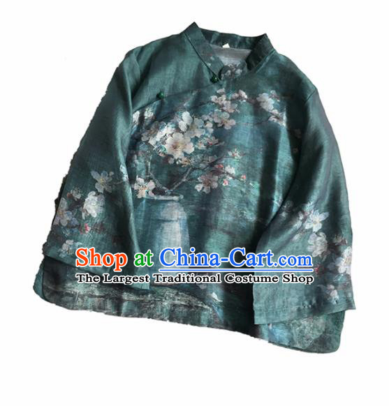 Chinese Traditional Tang Suit Printing Plum Atrovirens Ramie Blouse National Upper Outer Garment Costume for Women