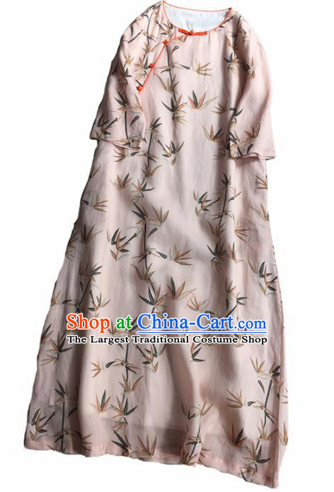 Chinese Traditional Tang Suit Printing Bamboo Light Pink Ramie Cheongsam National Costume Qipao Dress for Women