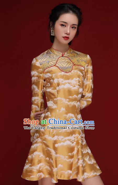 Chinese Traditional Tang Suit Yellow Silk Cheongsam National Costume Qipao Dress for Women