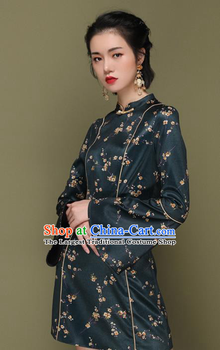 Chinese Traditional Tang Suit Atrovirens Silk Cheongsam National Costume Qipao Dress for Women