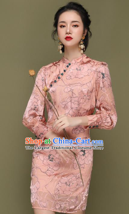 Chinese Traditional Tang Suit Pink Cheongsam National Costume Qipao Dress for Women