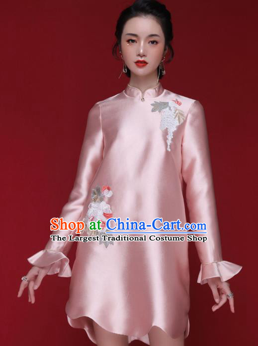 Chinese Traditional Tang Suit Embroidered Pink Cheongsam National Costume Qipao Dress for Women