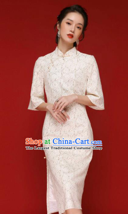 Chinese Traditional Tang Suit White Lace Cheongsam National Costume Qipao Dress for Women