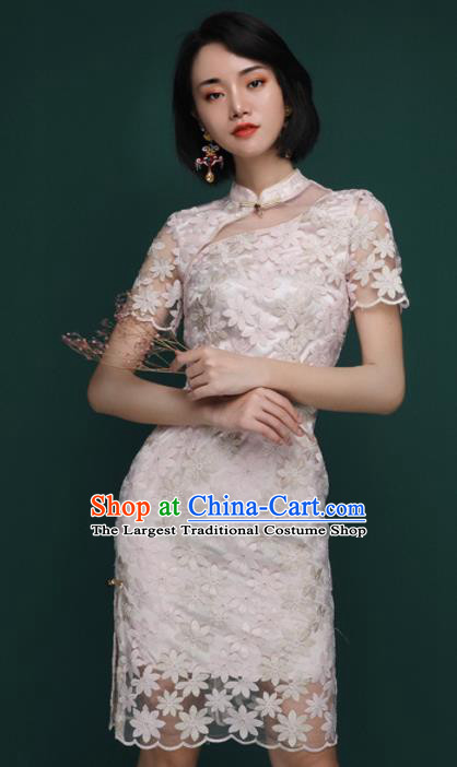 Chinese Traditional Tang Suit Pink Veil Cheongsam National Costume Qipao Dress for Women