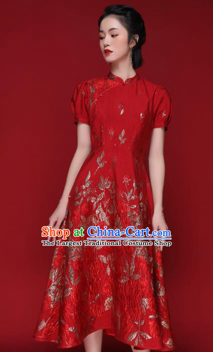 Chinese Traditional Tang Suit Red Silk Cheongsam National Costume Qipao Dress for Women